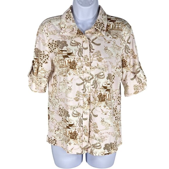 J.McLaughlin Womens M Beige Brown Toile Print Button Up Blouse Catalina Cloth Ar - Picture 1 of 14